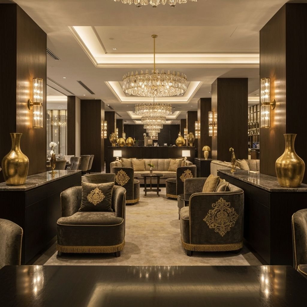 Home hotel lounge area luxury interior gold accents